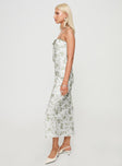 side view of model wearing Princess Polly Vasiliki Maxi Dress White / Green Floral Square Neck 