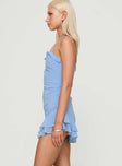 side view of model wearing Princess Polly Yara Mini Dress Blue Sweetheart Neckline 