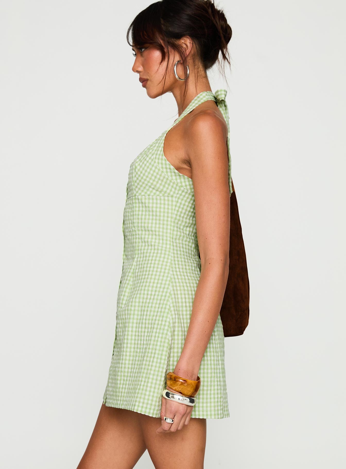Mallorie Halter Mini Dress Green Check | Princess Polly Mallorie Halter Mini Dress Green Check | Princess Polly