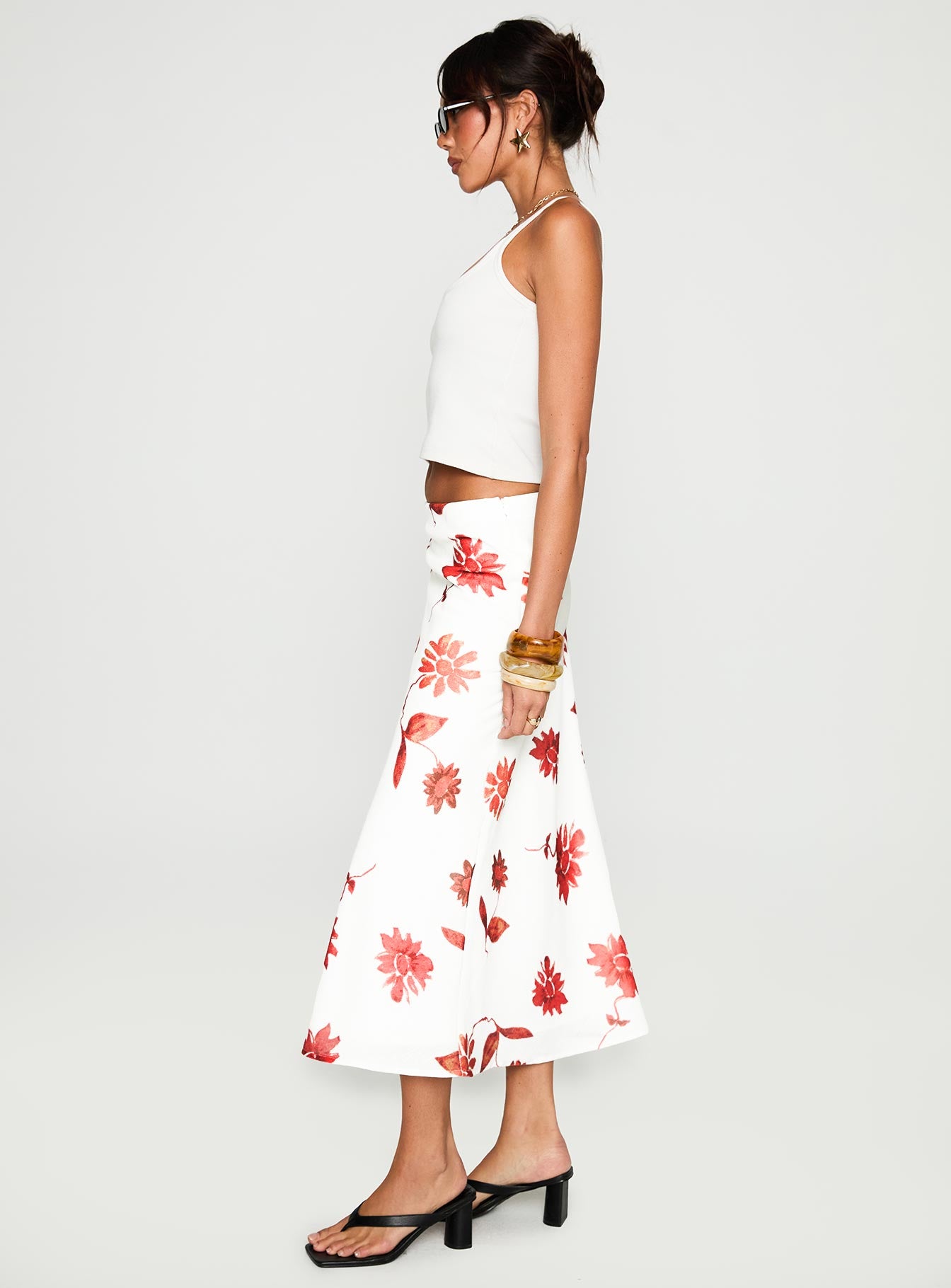   side view of model wearing Princess Polly Sun Soaked Midi Skirt Multi Midi Skirts 