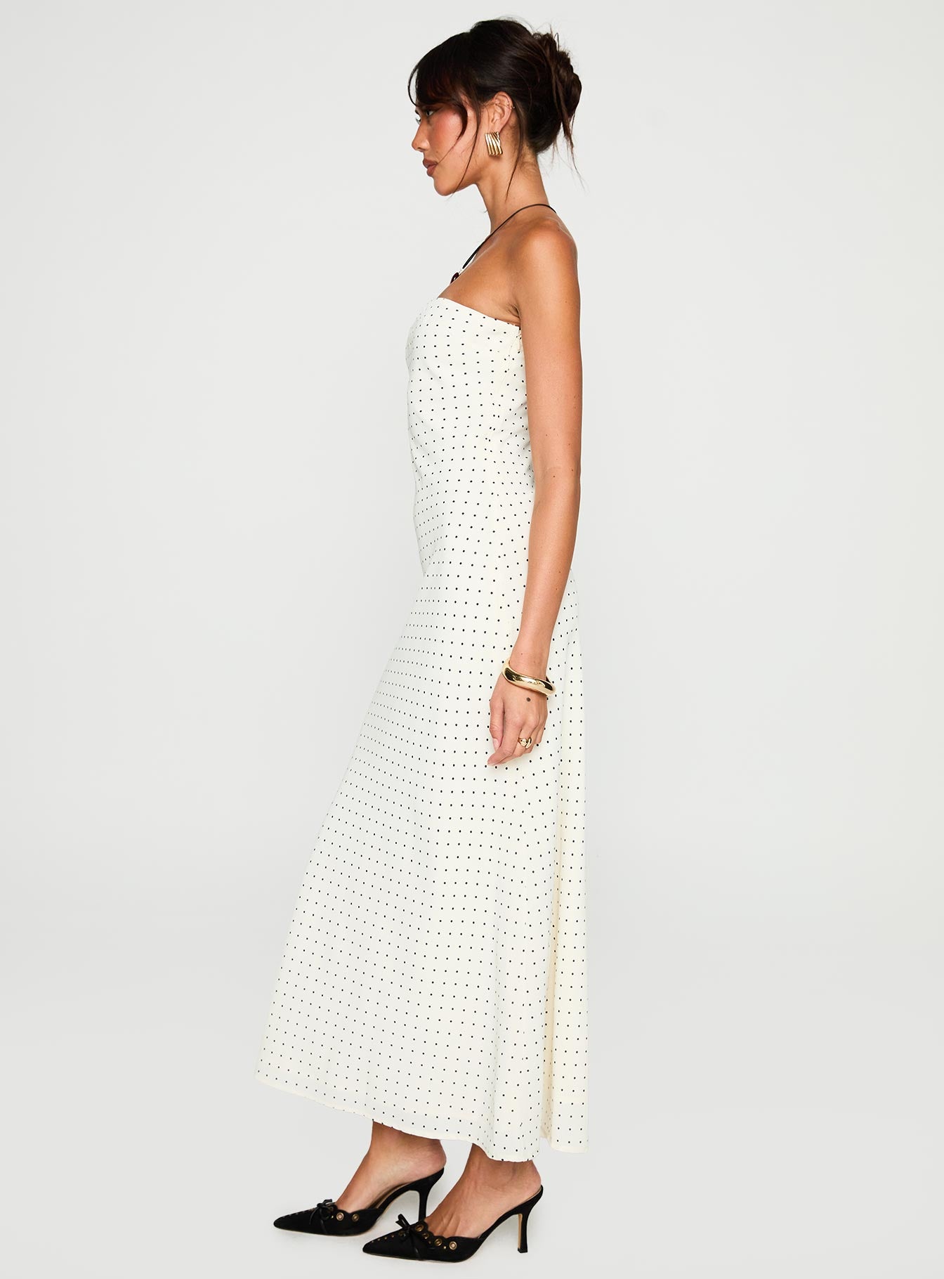 side view of model wearing Princess Polly Just For Fun Strapless Maxi Dress White Polka Dot Straight Neck 