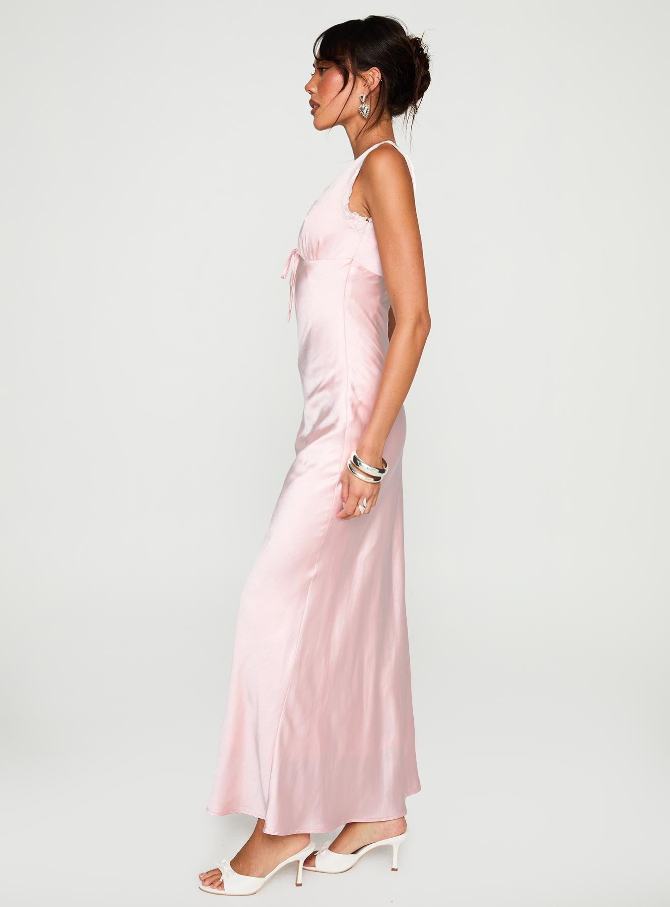 side view of model wearing Princess Polly Liliya Lace Maxi Dress Pink Plunger 