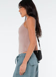 side view of model wearing Princess Polly Crespi Bodysuit Beige Sleeveless Crew Neck 