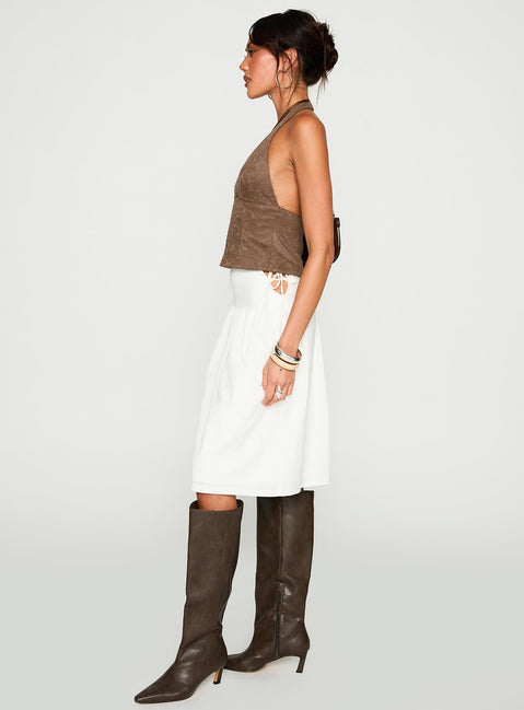   side view of model wearing Princess Polly Snowflakes Tie Side Midi Skirt White 