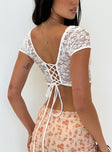 Crop top Sheer lace material Cap sleeve Sweetheart neckline Wired cups Lace up back  Good stretch Lined bust