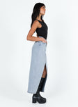 Denim maxi skirt High rise Black denim Belt looped waist Zip & button fastening Three pocket design Front slit Good stretch Unlined 