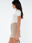 High rise mini skirt Belt looped waist, zip and clasp fastening, pleats at waist, twin hip pockets