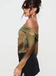 side view of model wearing Princess Polly Lotta Off The Shoulder Top Green Full Sleeves straight 