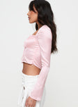 Pink Satin long sleeve top Square neckline, ruched bust, boning throughout, invisible zip fastening