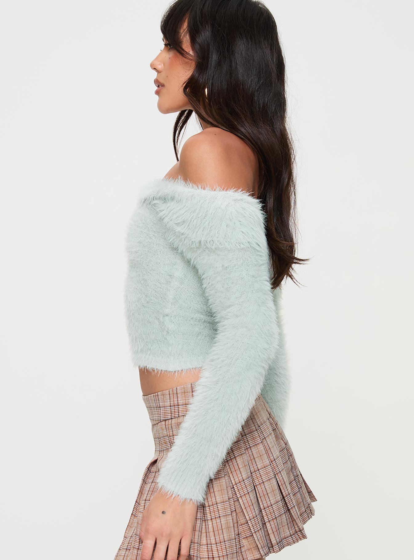 side view of model wearing Princess Polly Coecoe Off The Shoulder Sweater Grey Cropped 