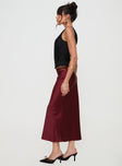   side view of model wearing Princess Polly The Charmaine Maxi Skirt Burgundy Midi Skirts 