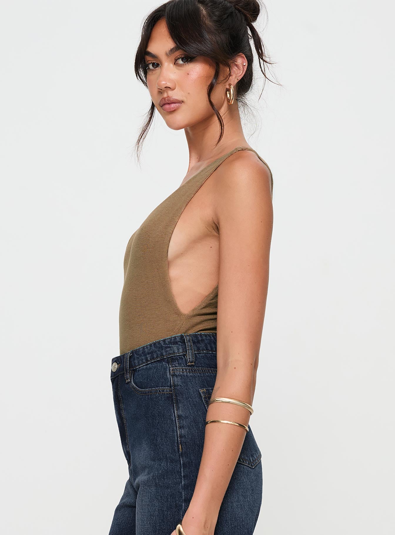 side view of model wearing Princess Polly Yolando Bodysuit Taupe Sleeveless Scoop Neck 