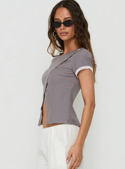 Margherite Asymmetrical Button Detail Short Sleeve Top Grey Stripe