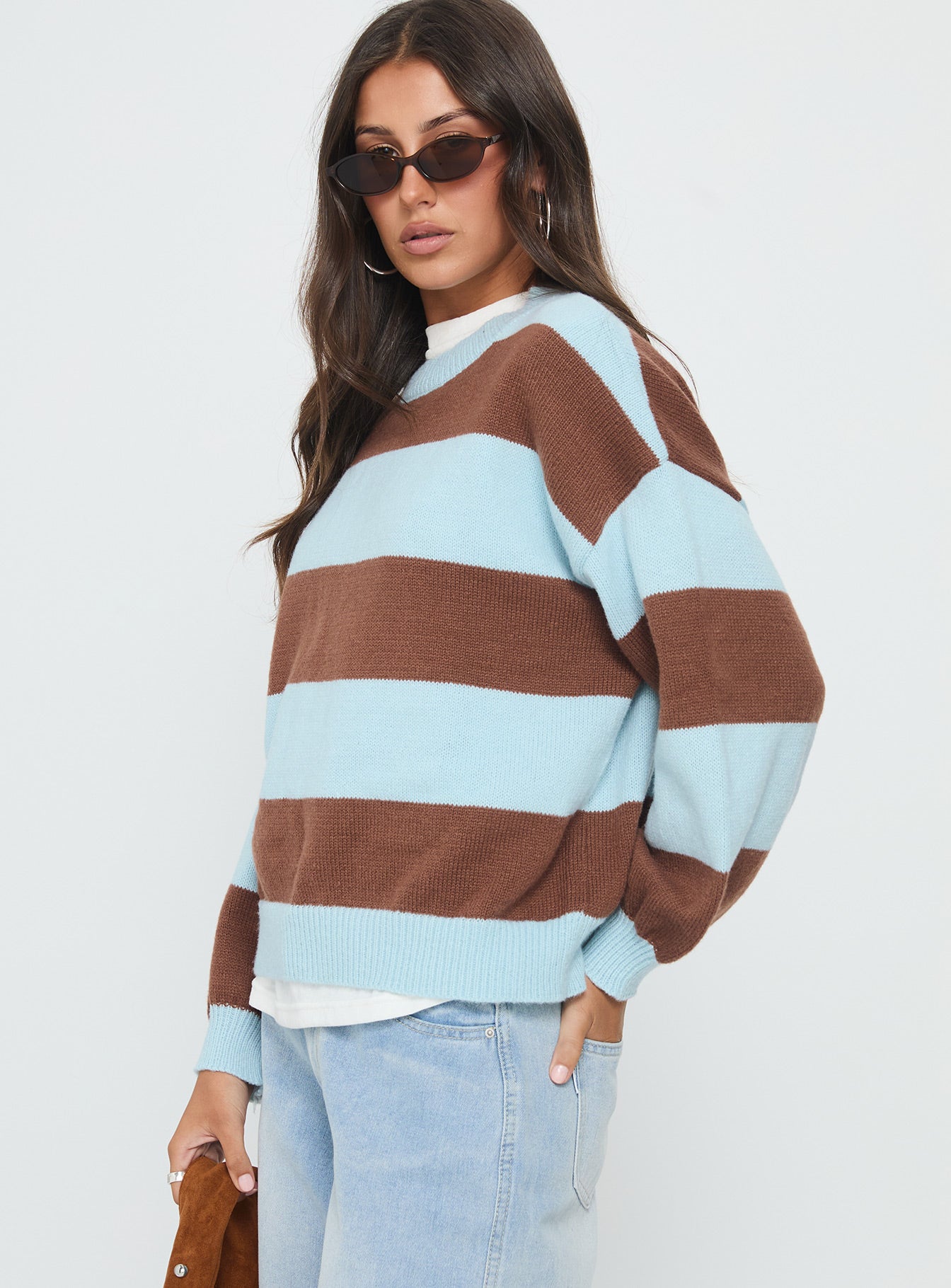 side view of model wearing Princess Polly Ardentia Crew Neck Knit Sweater Aqua Stripe Longline Jumpers 