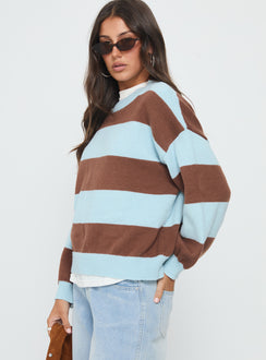 side view of model wearing Princess Polly Ardentia Crew Neck Knit Sweater Aqua Stripe Longline Jumpers 