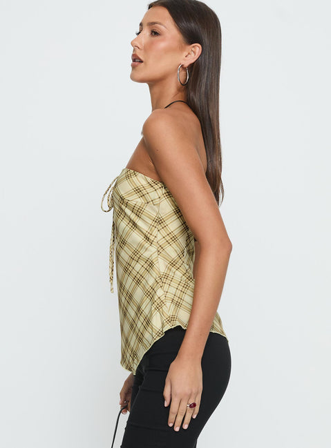 I Wonder Strapless Cut Out Top Yellow Check