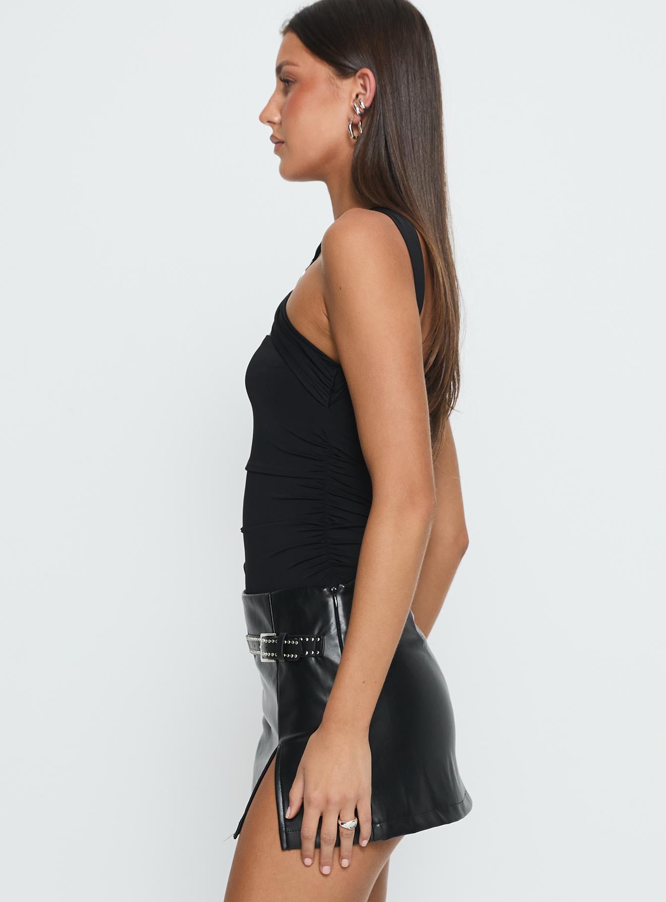 side view of model wearing Princess Polly Destanee Ring Detail Bodysuit Black Sleeveless 