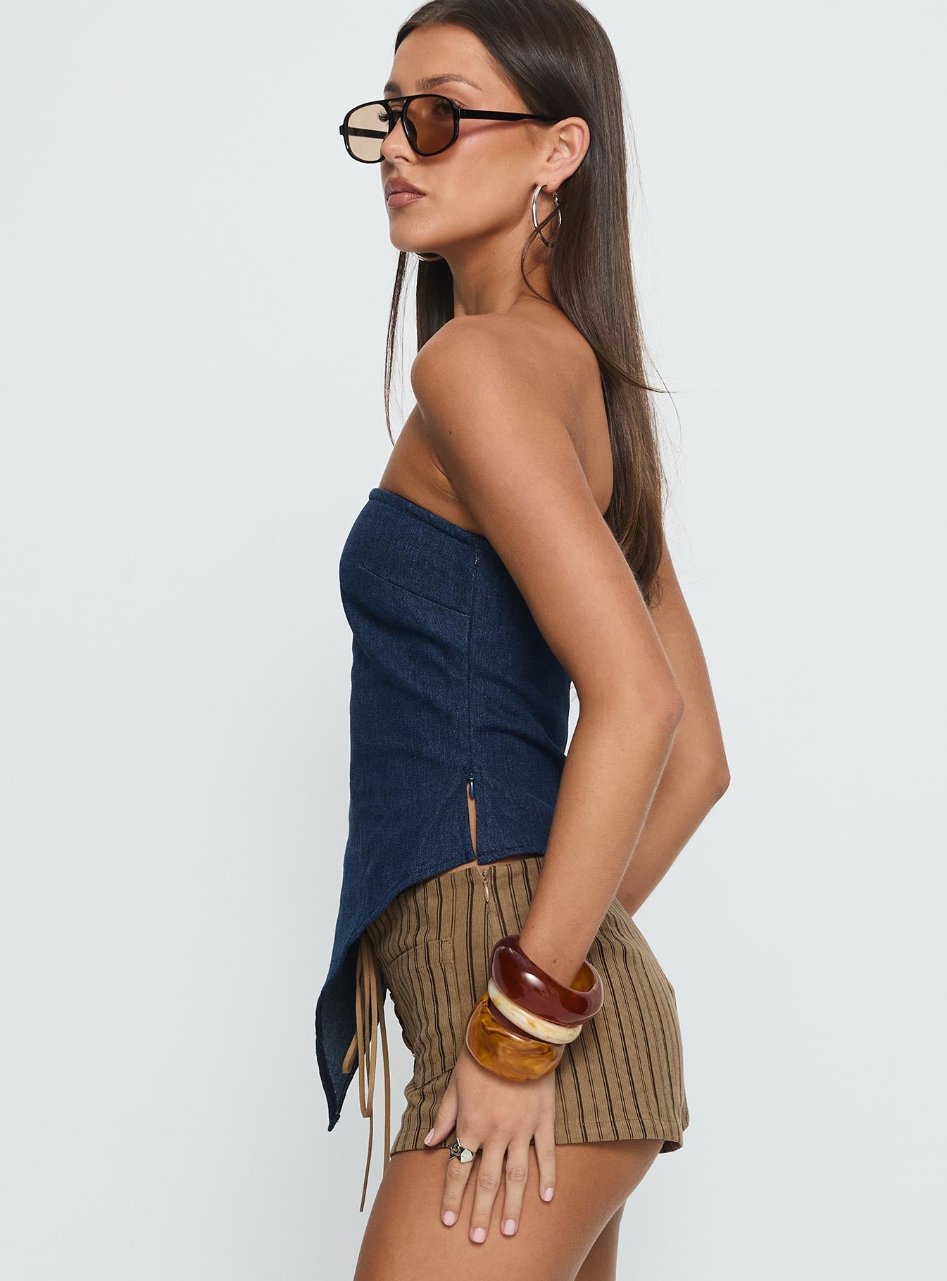 Birdie Asymmetric Denim Top Dark Blue