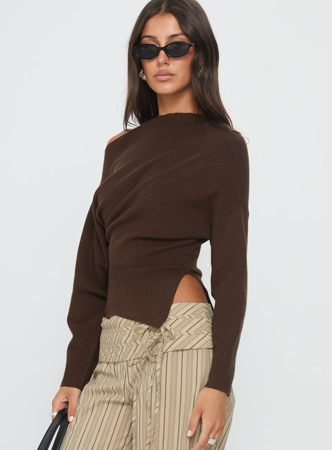 side view of model wearing Princess Polly Kaelith Off Shoulder Knit Sweater Brown Longline Jumpers 