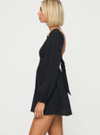 Black long sleeve mini dress Tie fastening &amp; cut out at back, balloon style sleeves, elasticated waist