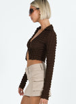Brown long sleeve top Popcorn puff material  Classic collar  V neckline  Button front fastening 
