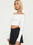Off the shoulder white top Ruched throughout, inner silicone strip at neckline