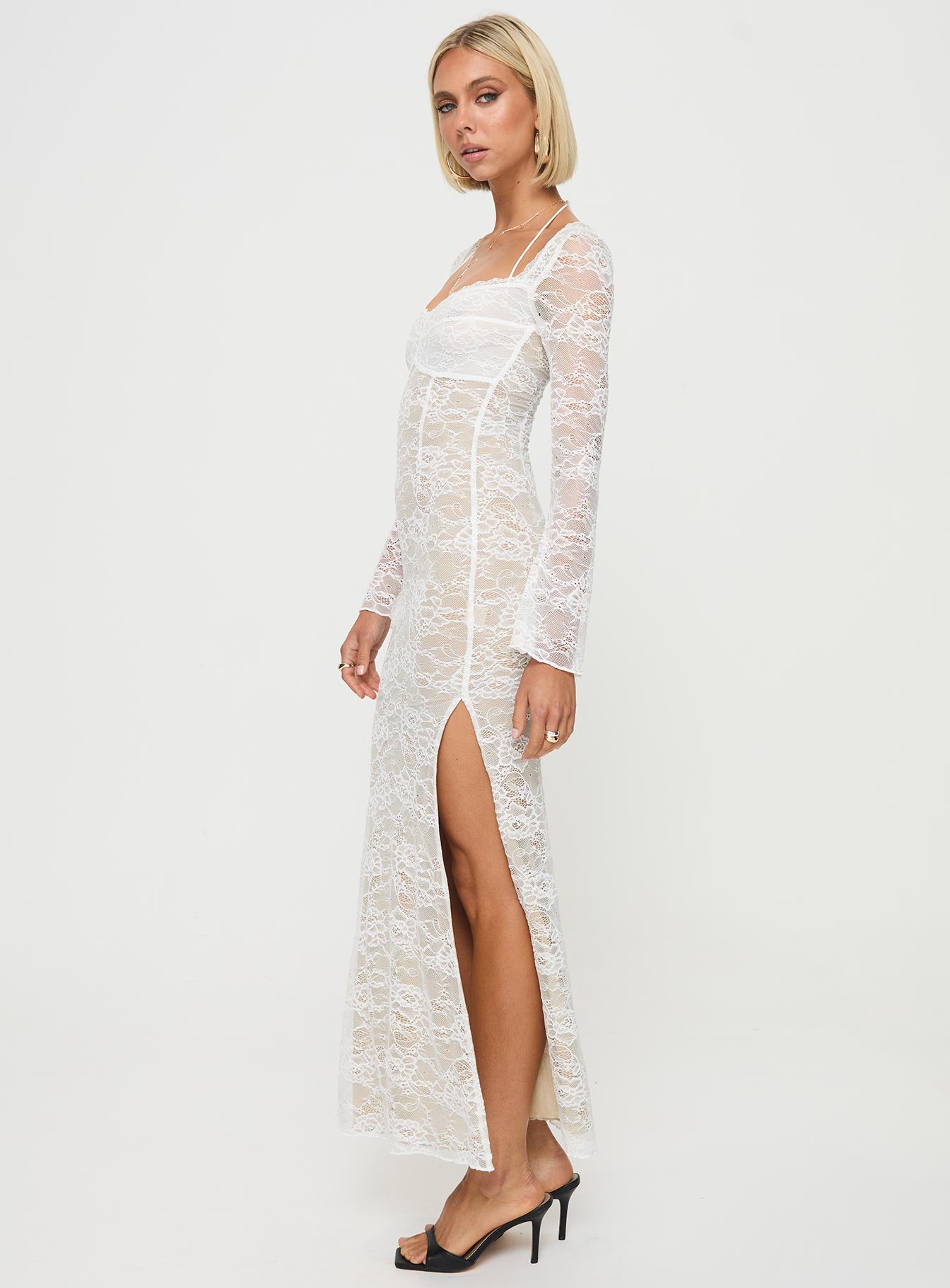 side view of model wearing Princess Polly Aubriella Lace Maxi Dress Cream Sweetheart Neckline 