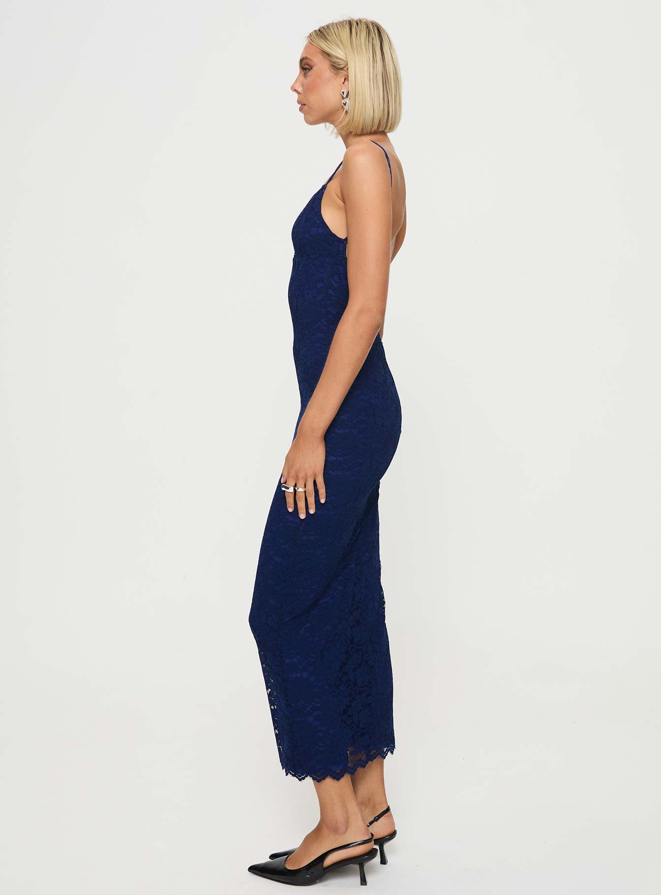 side view of model wearing Princess Polly Khalani Maxi Dress Navy Sweetheart Neckline 