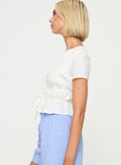  white top Deep v bust, double tie fastening at front, ruched design
