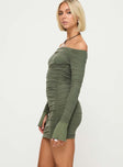 side view of model wearing Princess Polly Moreno Long Sleeve Mini Dress Olive Straight Neck 