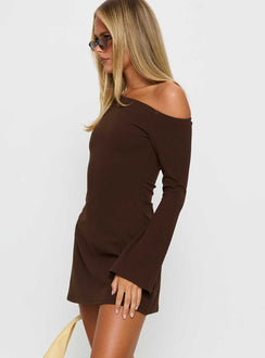 Adrietta Long Sleeve Off Shoulder Mini Dress Brown Tall