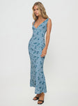 side view of model wearing Princess Polly Donnelly Maxi Dress Blue Plunger 