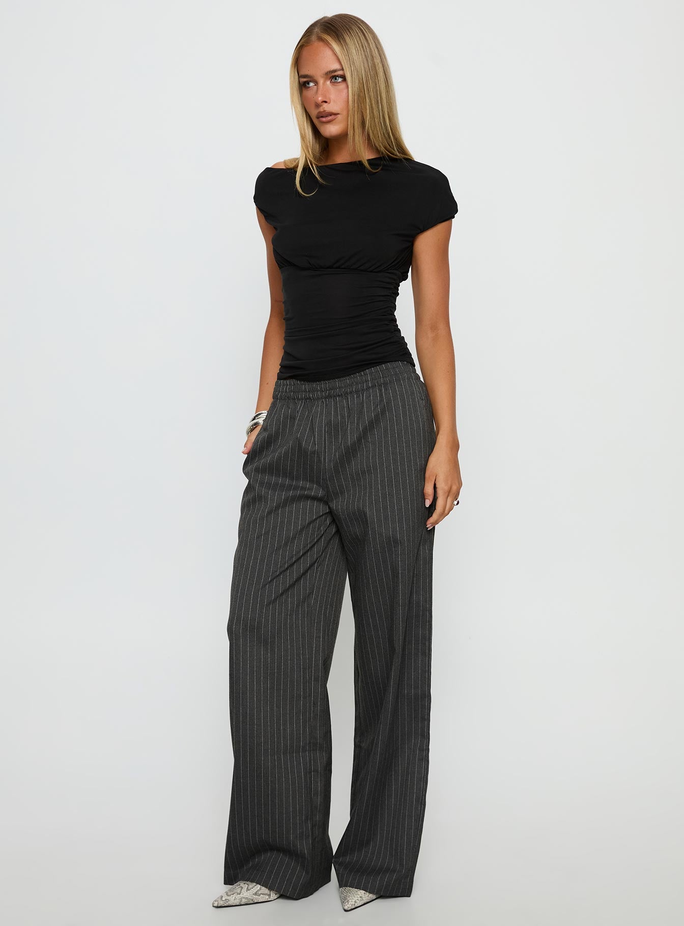 Jaysa Baggy Wide Leg Pant Grey Pinstripe | Princess Polly