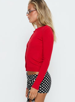 side view of model wearing Princess Polly Lauraine Cardigan Red cropped 