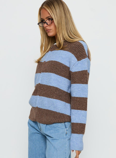 side view of model wearing Princess Polly Queena Zip Through Knit Sweater Blue Stripe 