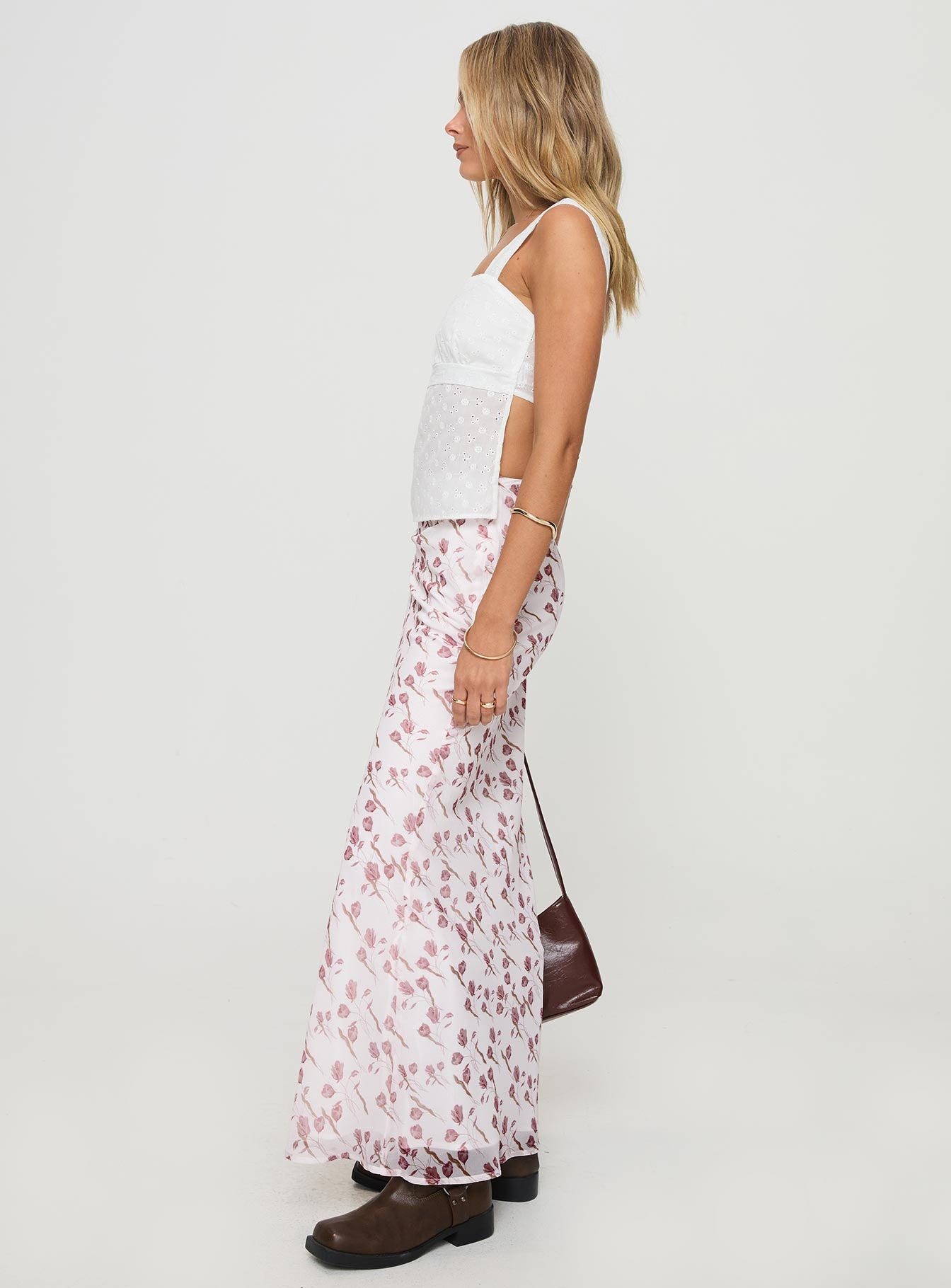   side view of model wearing Princess Polly Battaglie Maxi Skirt Multi Maxi 