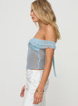 Off-the-shoulder mesh top  Sweetheart neckline, frill detail, tie fastening at back Good stretch, partially lined