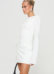 White long sleeve mini dress High neckline, faux twin hip pickets, low scooped back