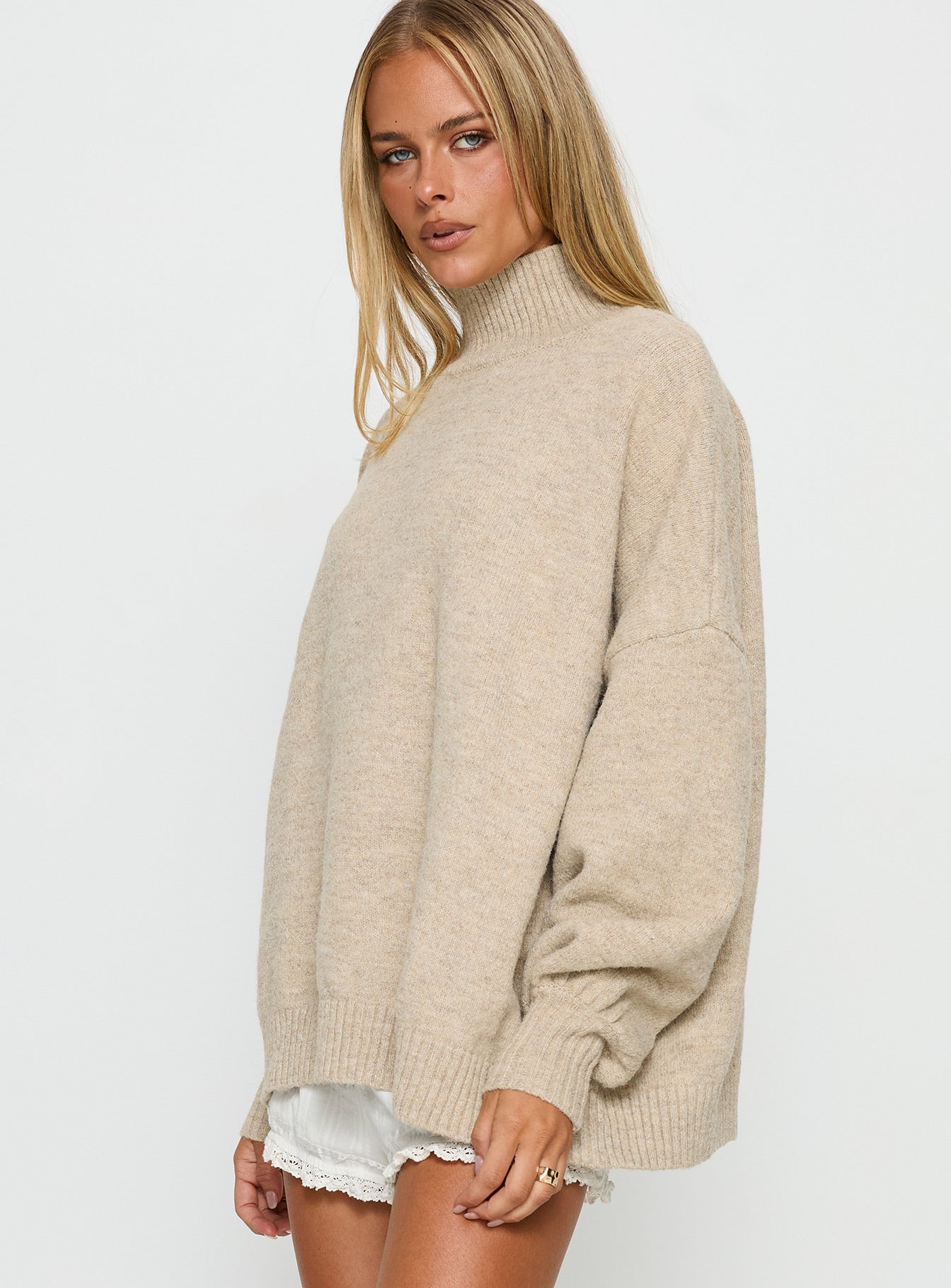 Patrizia Funnel Neck Knit Sweater Beige | Princess Polly