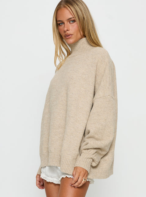 side view of model wearing Princess Polly Patrizia Funnel Neck Knit Sweater Beige 