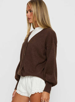 side view of model wearing Princess Polly Eartha V Neck Knit Sweater Brown Long 