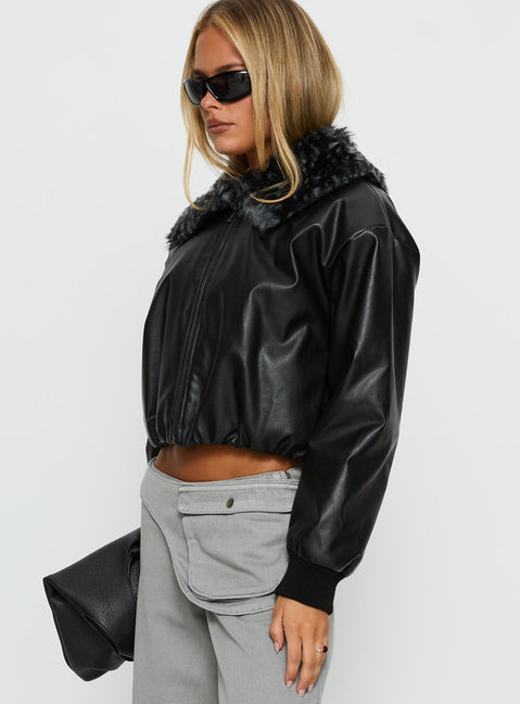 Koemi Faux Leather Collared Jacket Black