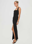 side view of model wearing Princess Polly Bombshell Maxi Dress Black Tall Square Neck 