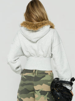 Designed with a zipper, the Ramonda Faux Fur Hooded Jumper Grey Marle womens-jumpers in short length and oversized fit back view of model wearing Princess Polly