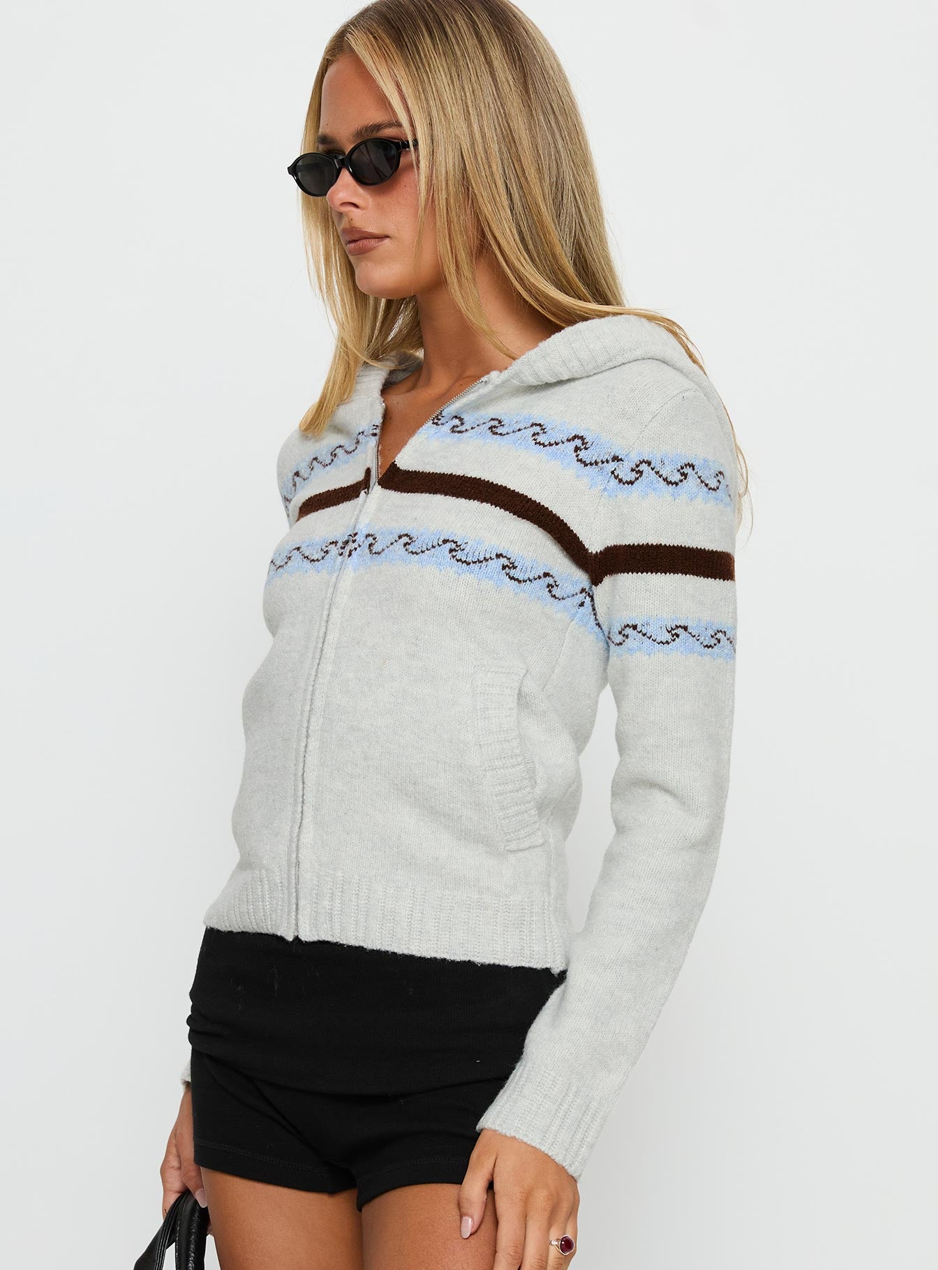 Zaylina Graphic Zip Through Knit Sweater Grey | Princess Polly