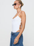 side view of model wearing Princess Polly All Tied Up Bodysuit White Sleeveless 