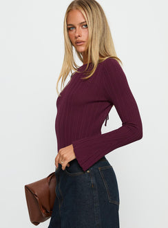 side view of model wearing Princess Polly Mayok Long Sleeve Bodysuit Plum Long Sleeve Tops 