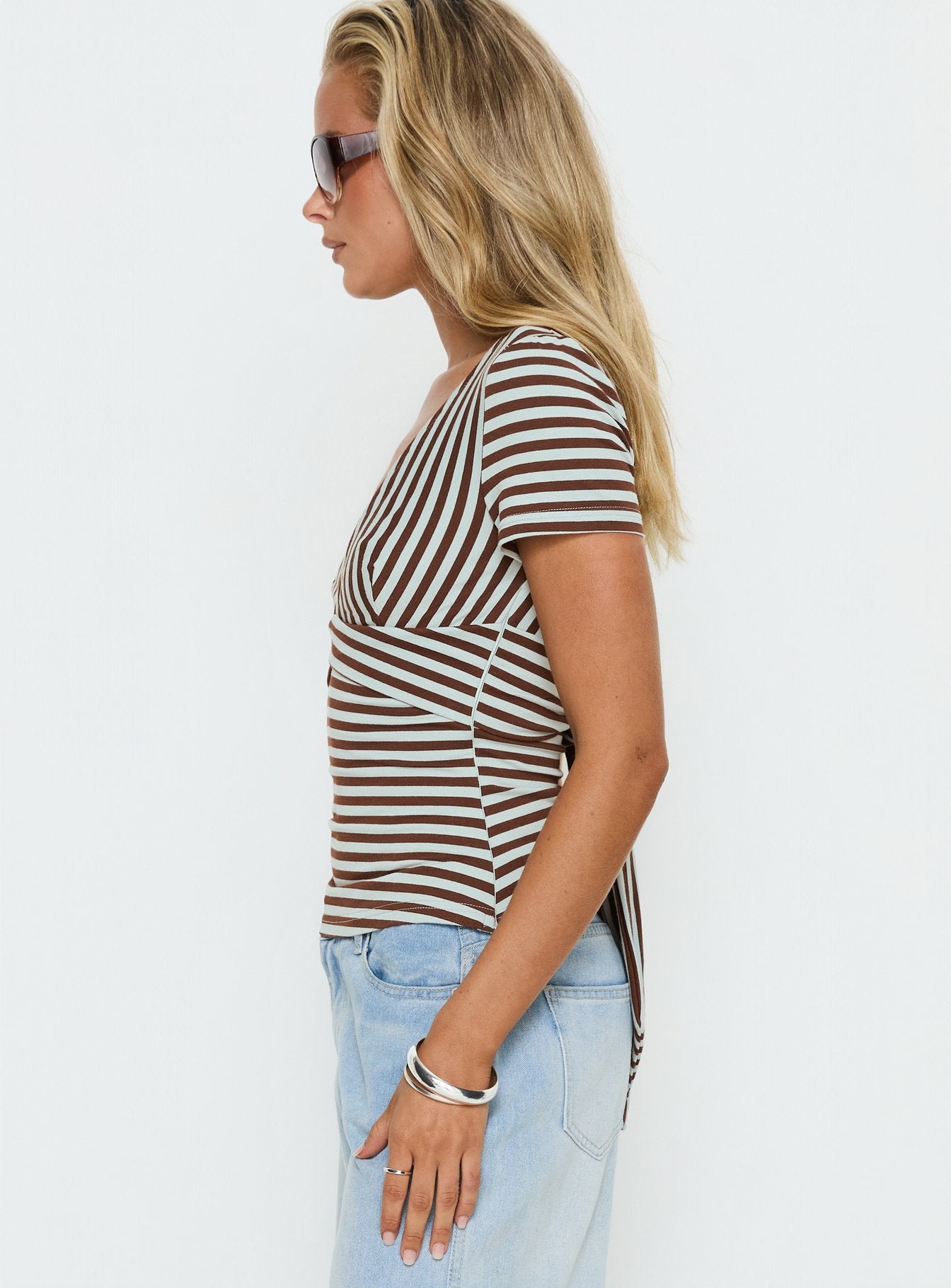 Madelon Short Sleeve Wrap Top Brown / Blue Stripe