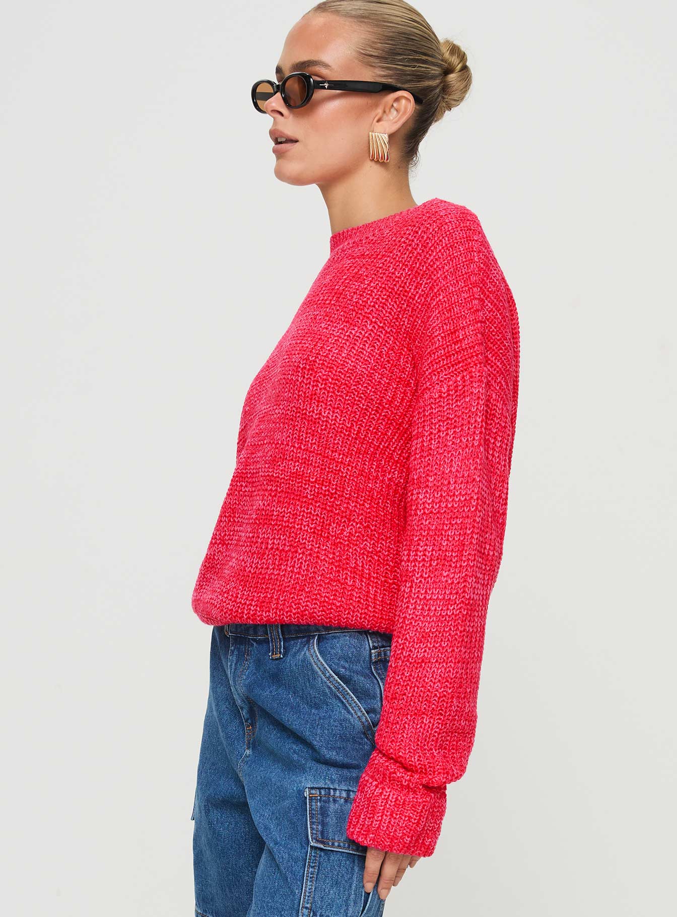side view of model wearing Princess Polly Bae Sweater Pink/ Red 