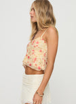 Floral top Mesh material, adjustable shoulder strap, lace trimming, asymmetric hem Good stretch, fully lined